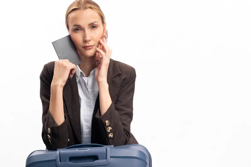Young woman in brown blazer holding passport and smartphone stands behind blue suitcase on white background. Concept for travel, business trip, planning, and lifestyle.