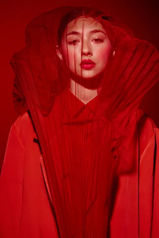 Stylish young woman dressed in red fashion robe and veil poses with serious expression. Dramatic lighting highlights sophisticated beauty and bold creative concept in studio.