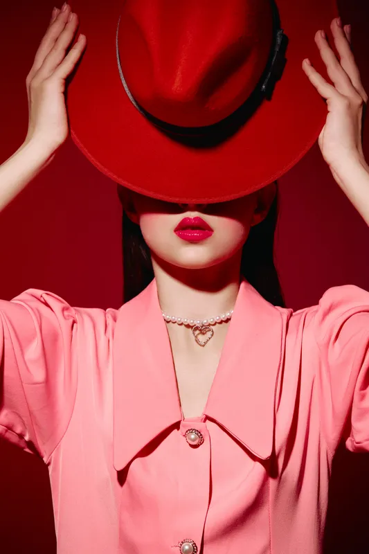 Fashionable woman in pink vintage dress covering her eyes with large red hat. Deep red lipstick and delicate necklace create high contrast beauty and creative concept of elegance.
