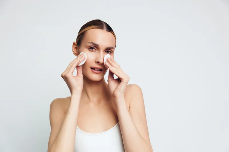 Young woman with clean skin removes makeup with cotton pads, standing against white background, wearing white tank top, natural beauty and skincare concept.