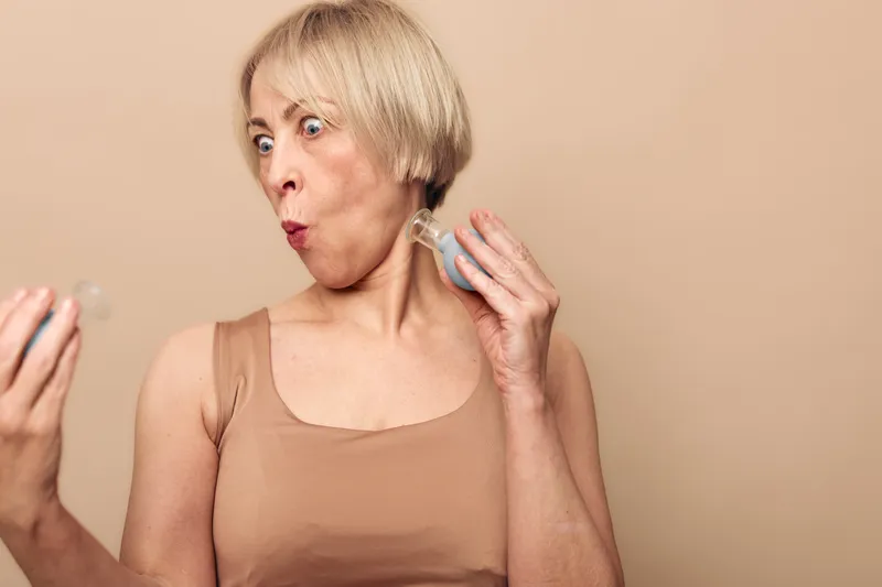 Surprised middle aged woman with short blond hair applies facial roller to neck while looking in hand mirror. Concept for skincare, anti aging, and self care routine at home.