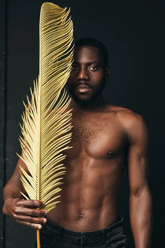 African man with dark skin and bare chest holding large golden palm leaf in creative conceptual visual style on black background for artistic portrait series.