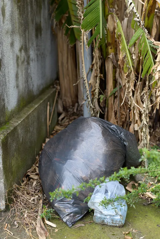 Dirty corner with a large black trash bag and a smaller plastic bag near a wall and plants, outdoor litter in a neglected garden, showcasing waste and mess