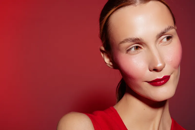 Close-up of a woman with red cheeks and glossy red lips wearing a red top against a red background. Concept of beauty, skincare, makeup, and fashion with vibrant colors and smooth skin.
