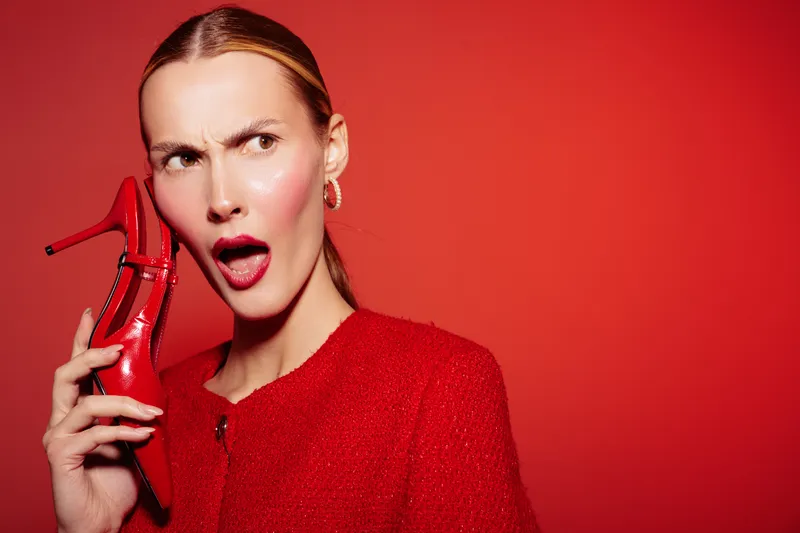 Surprised woman in red sweater holds red high heel shoe near face on red background. Concept of fashion, style, and bold color contrast in studio portrait.
