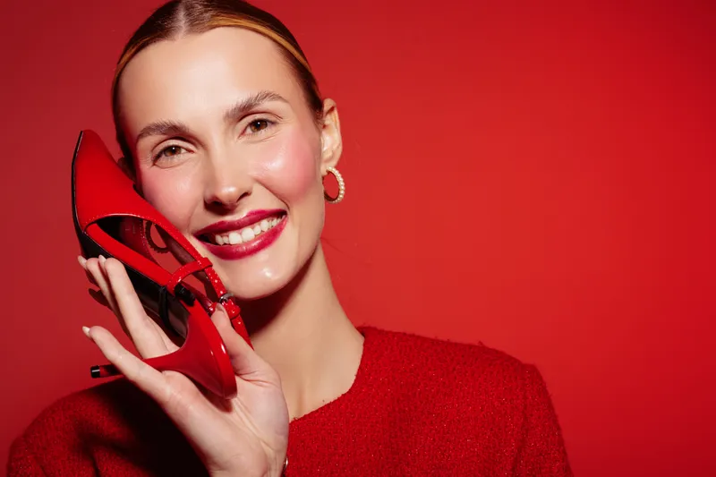 Smiling woman in red sweater holds red high heel shoe near face against red background. Concept of fashion, style, beauty, and happiness with vibrant color contrast and joyful mood.