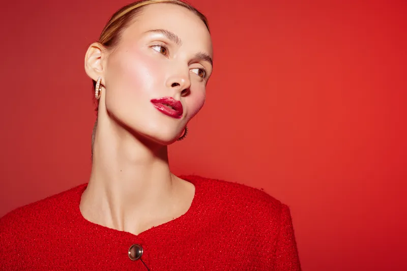 Portrait of a stylish woman with red lipstick and red jacket on red background. Concept of fashion, beauty, elegance, and confident female model in studio lighting.