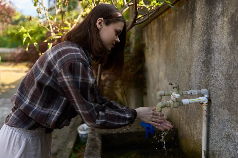 A woman in a plaid shirt leans over an outdoor faucet, washing her hands near a textured stone wall, with natural light creating a calm, everyday cleaning mood outdoors