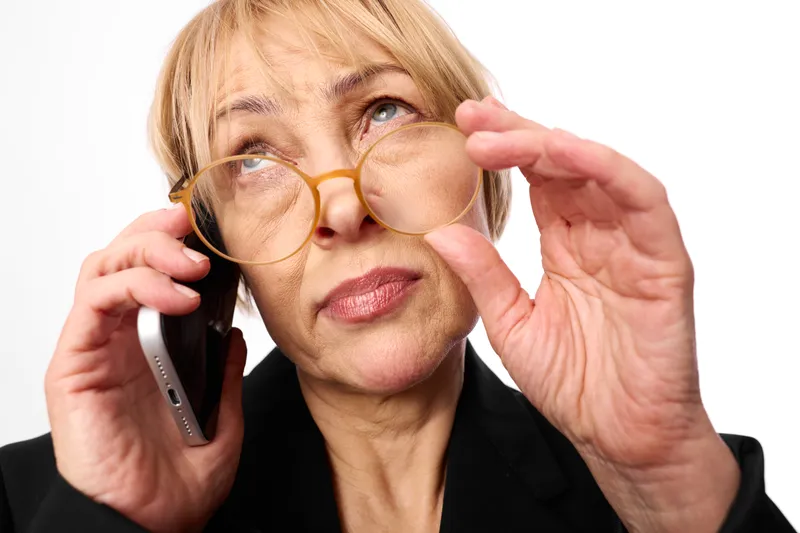 Elderly woman with glasses holds a phone near her ear, close up portrait. She adjusts the frames with her fingers. Clean white background, light. Communication and care.
