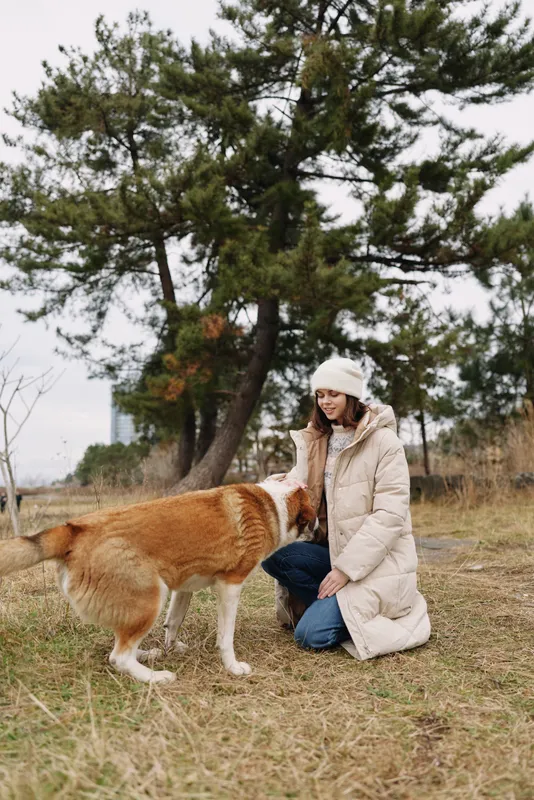 A woman in a light coat kneels beside a dog in a park, a gentle interaction under tall trees, capturing a warm moment of companionship and outdoor calm.