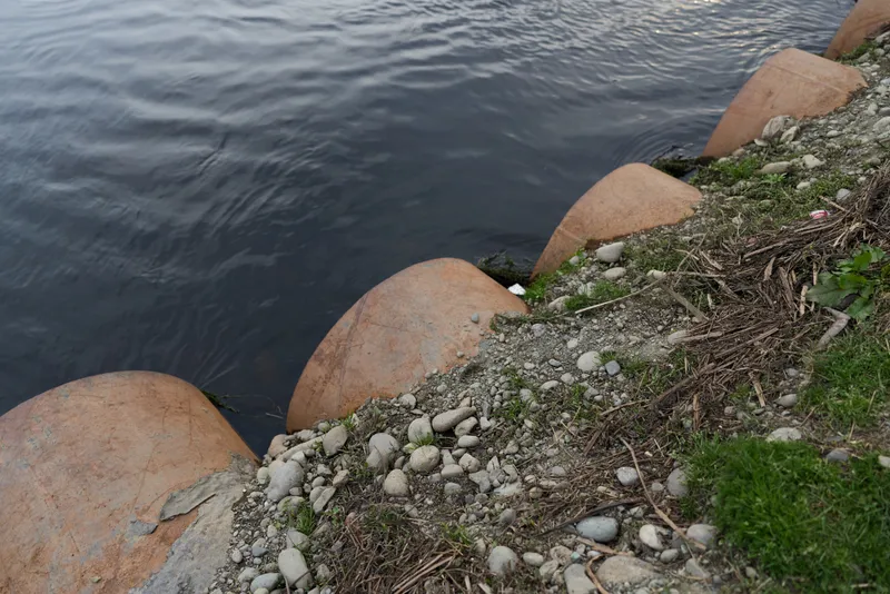 Rocks and stones along a natural shore by calm river water, patches of green grass on the bank, outdoor landscape scene, lifestyle mood, soft daylight and scenic shoreline texture