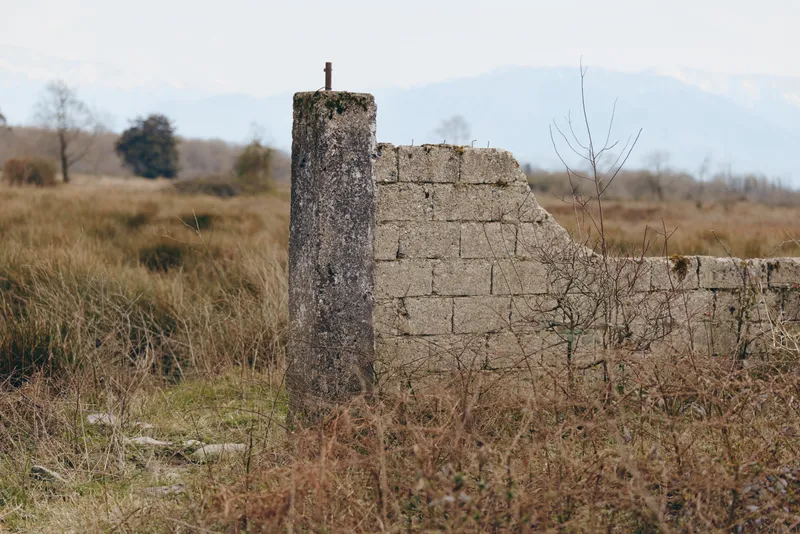 Stone tower ruins in rural countryside landscape with gray weathered wall, stonework, surrounded by grass brush and small trees, distant mountains under daylight sky, abandoned architecture, rural