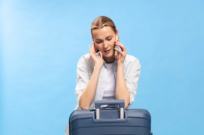 Tired woman in white shirt talks on phone while sitting behind blue suitcase on light blue background. Concept of travel stress, waiting, and communication during trip planning.