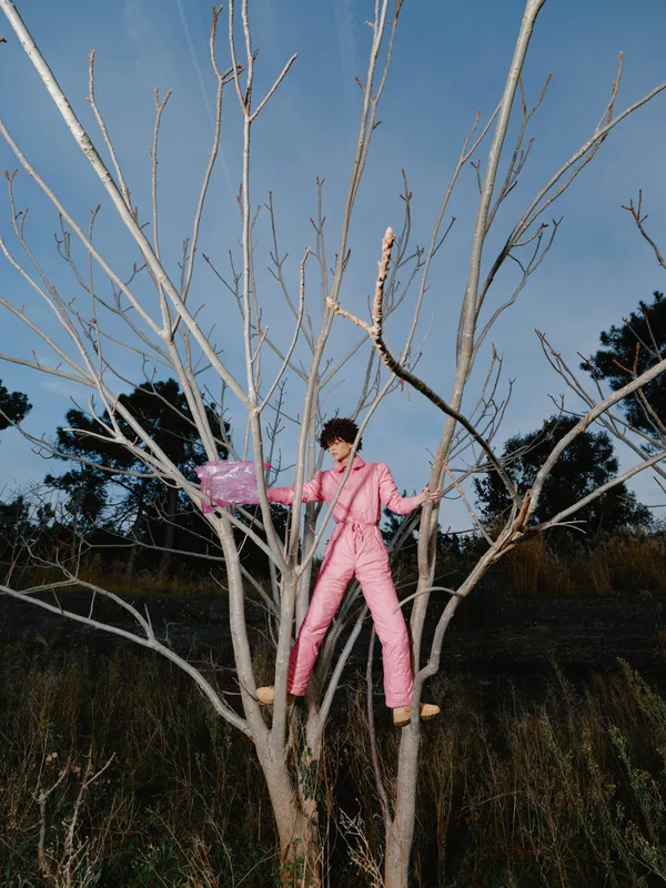 Pink suit, person, tree, outdoor, fashion, creative, bold, pose, adventure, nature with clear sky and open field, the subject climbs a bare trunk for a striking artistic moment blending risk, color,