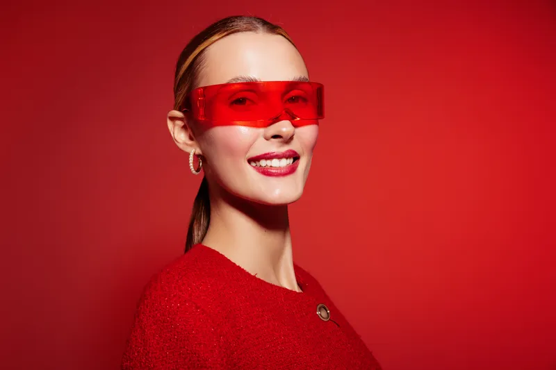 Smiling woman with red sunglasses and red sweater poses on red background. Fashion portrait with bright colors and confident expression. Concept of style and modern look.