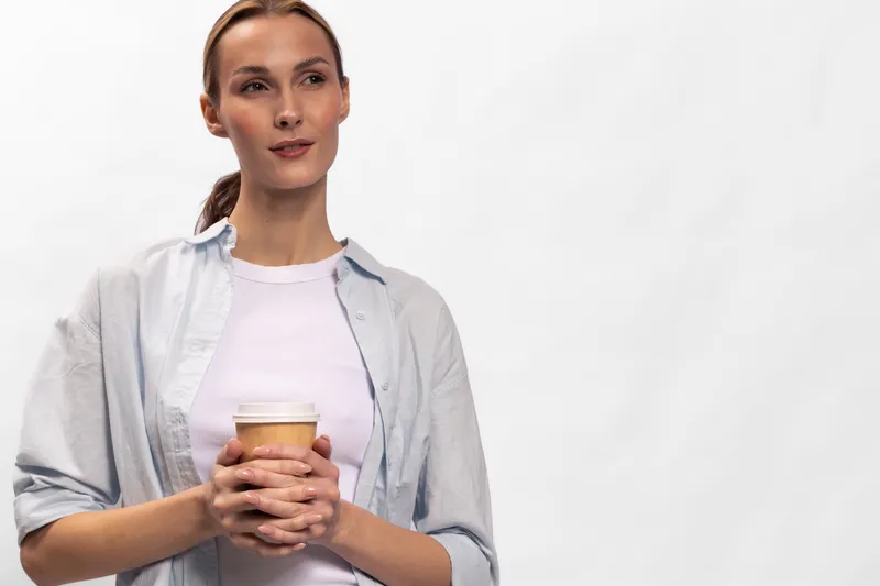 Young woman in casual clothes holding paper coffee cup, looking away with calm expression. Concept for relaxation, break, lifestyle, and casual fashion.