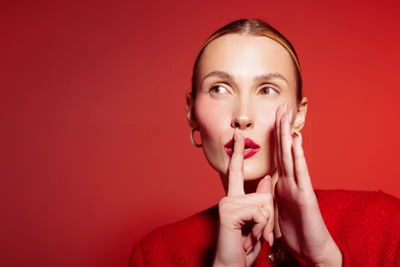 Young woman with red lipstick and red sweater makes silence gesture with finger on lips, looking sideways on red background. Concept of secrecy, quiet, and communication.