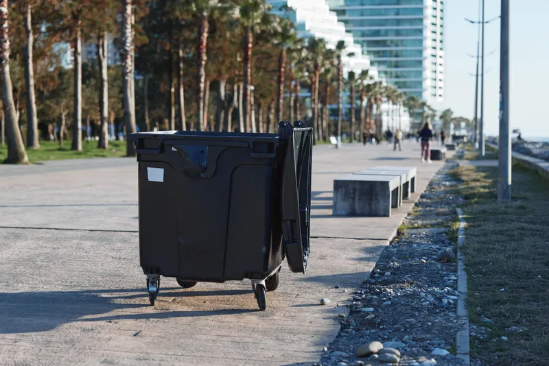 A black wheelie dumpster sits on a sunny coastal promenade near palm trees on a wide concrete path, creating an urban, empty mood.