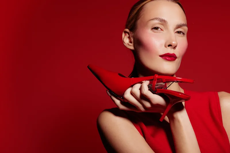 Confident woman in red dress holds red high heel shoe near face against red background. Fashion concept with bold makeup and stylish accessories for glamour and elegance.