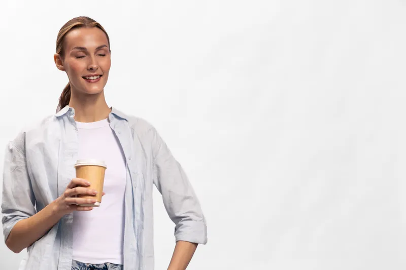 Young woman with closed eyes holds disposable coffee cup in hand, smiling gently. Casual outfit with light shirt and white top on bright background. Concept of relaxation and morning routine.