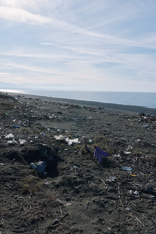 Polluted beach with scattered litter and plastic debris along a dark shoreline under a cloudy sky, highlighting pollution impact and the need for cleanup.