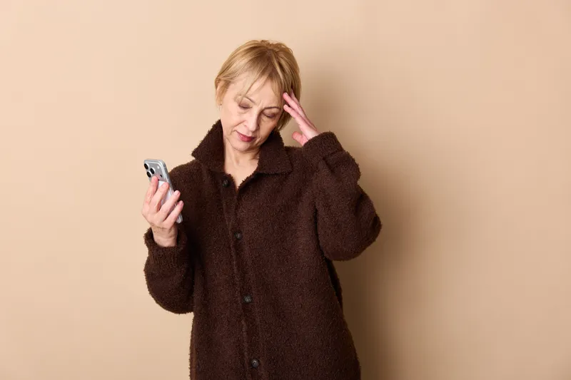 Upset woman portrait with smartphone, frustrated expression, communication stress, winter coat, isolated on beige studio background, indoor quiet copyspace