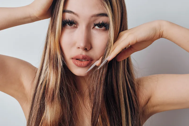 Portrait of young woman with long hair and natural makeup posing with hands near face against neutral background. Beauty, fashion, and skincare concept with clear skin and styled hair.