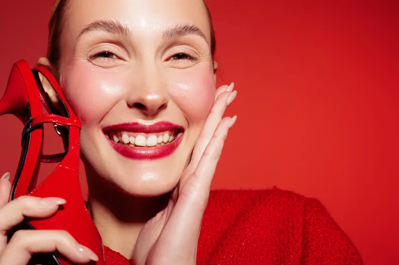 Smiling woman with red lipstick holds red high heel shoe near face on red background. Concept of fashion, beauty, style, and happiness with vibrant color and joyful expression.