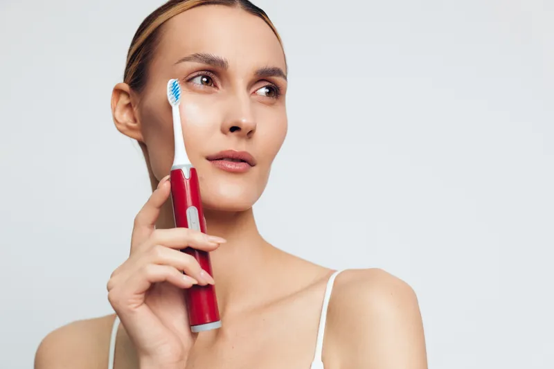 Young woman holding red electric toothbrush near face looking away on white background. Concept of dental hygiene, oral care, and personal grooming with soft natural lighting.