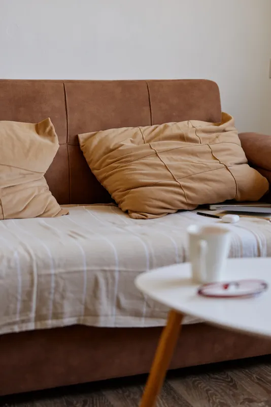Cozy living room scene featuring a brown sofa with beige cushions, a round coffee table, and a mug, creating a warm, modern home ambiance with simple decor and natural light.