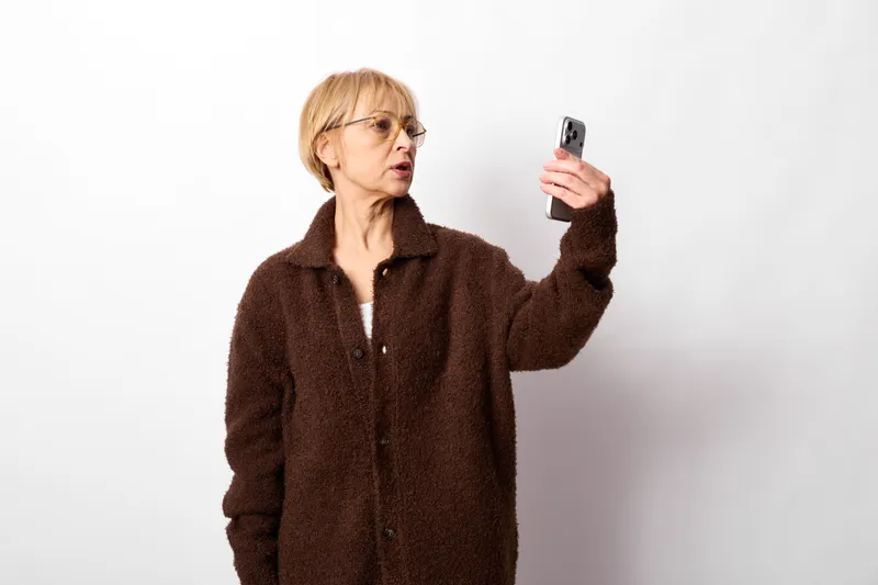 Elderly woman selfie smartphone portrait studio technology glasses, calm senior in brown coat holds smartphone for self portrait, studio white background, copy space for sharing