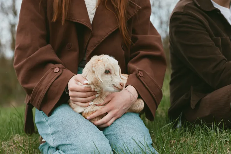 Young woman in a brown jacket gently holds a small goat on her lap while sitting outdoors on the grass during a calm autumn day.