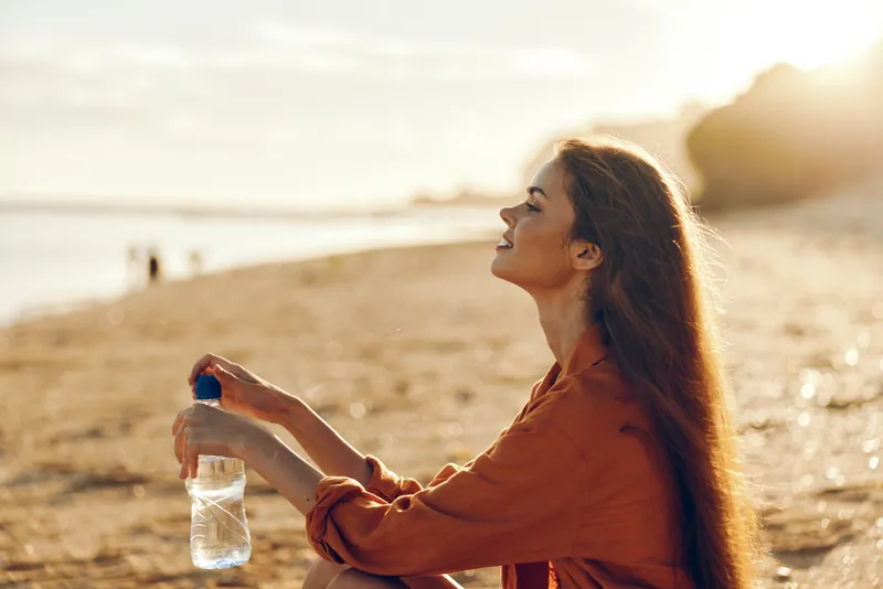 Relaxed woman reading a book on a sandy beach by the ocean, warm sunlight, outdoors she holds a water bottle, summer travel lifestyle concept for calm focus and leisure