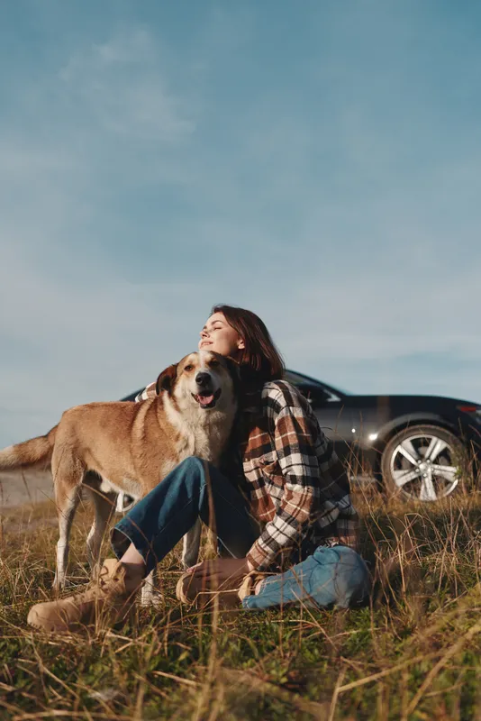 A woman sits in a sunlit field with her dog, enjoying relaxed companionship and open outdoors, with a car visible in the distance and a peaceful natural setting.