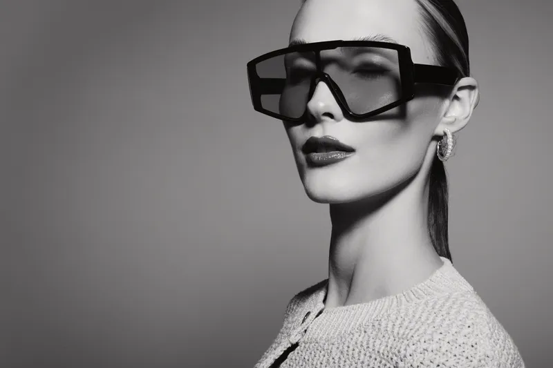 Portrait of a fair skinned Caucasian woman wearing large black glasses and earrings. Fashion concept with minimalistic makeup and monochrome studio lighting.