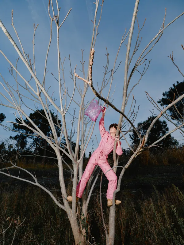 A person in a pink jumpsuit climbs a leafless tree under a clear blue sky, in an expansive outdoor landscape with open field, distant trees and calm rural atmosphere.