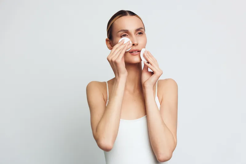 Young woman with clean skin removes makeup using cotton pads in white tank top isolated on light background showing skincare routine and natural beauty care concept.
