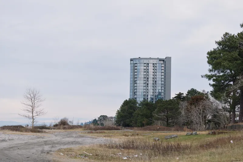High rise, building, landscape, field, barren trees under a cloudy sky offer a stark contrast between urban form and open land.