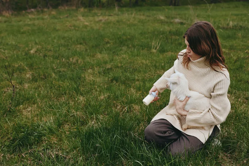 Young woman in a cozy sweater feeds a white baby goat with a bottle while sitting on green grass in a natural outdoor setting during a calm lifestyle moment.