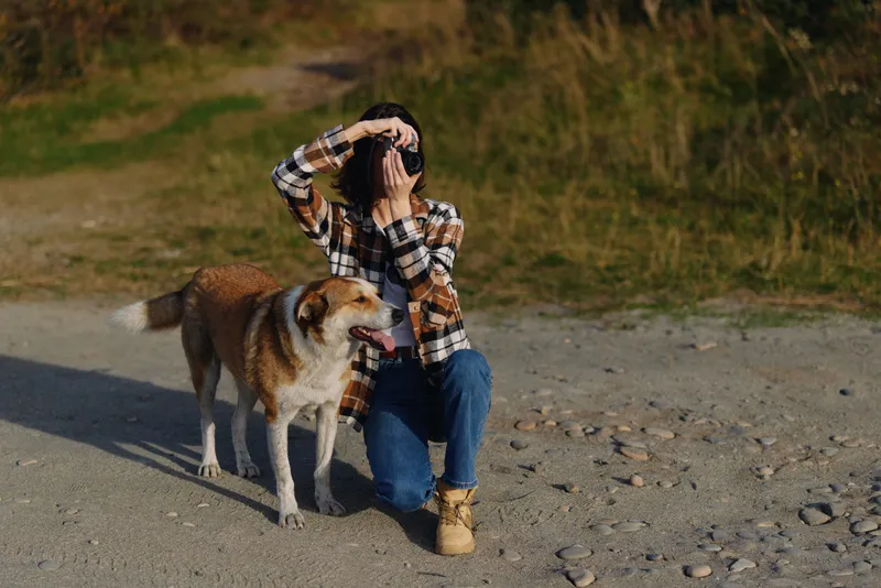 Person and dog on an outdoor gravel path, exploring distance and nature. The figure in plaid shirt shields eyes, leaning forward, while the dog stays close, capturing a calm moment of exploration in