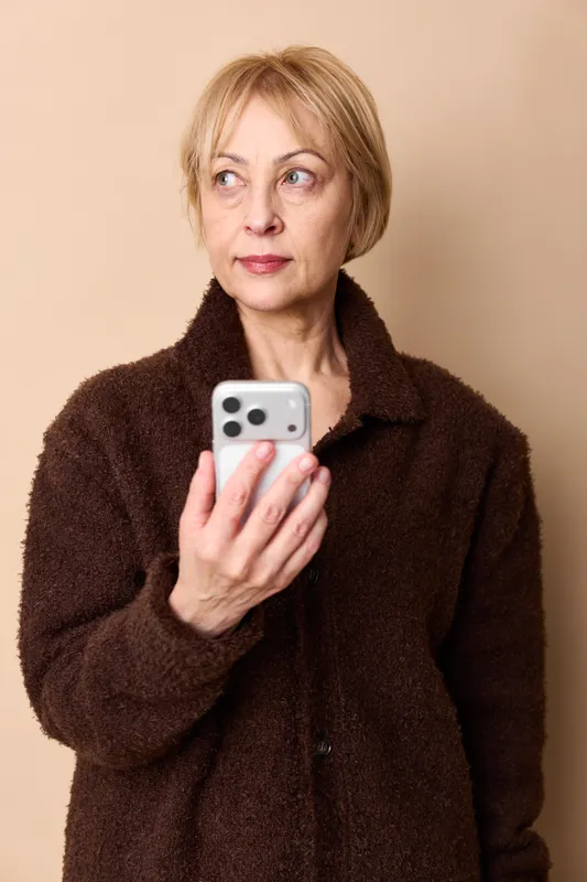 Woman senior holds smartphone for communication in indoor portrait, beige background. Concerned look at screen, cozy dark coat, modern technology, messaging concept.