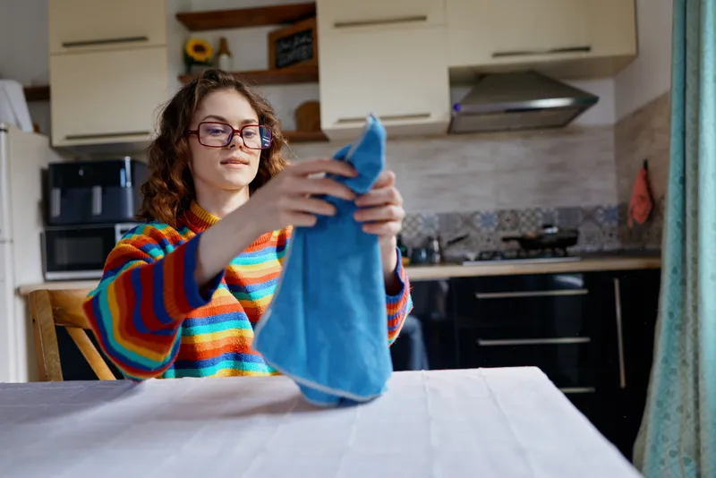Woman with colorful striped sweater irons a blue shirt at home, focused on daily chores in a cozy kitchen setting, conveying casual domestic lifestyle and home comfort, isolated indoors