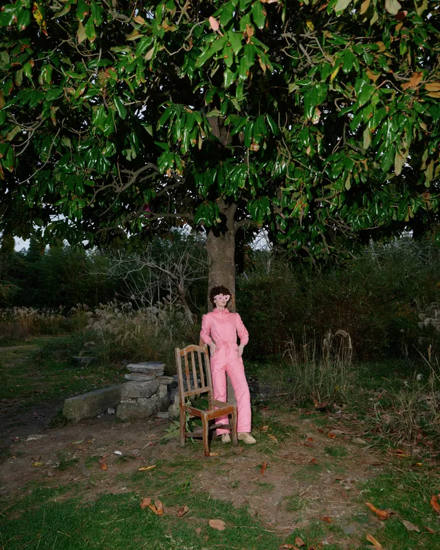 Outdoor scene with a person in pink standing beside a wooden chair under a leafy tree in a rural garden, capturing a calm, natural moment around at dusk