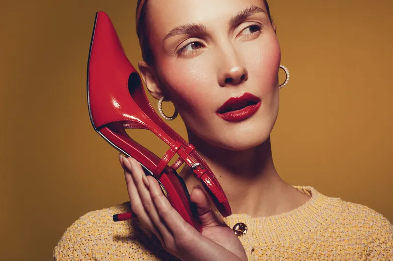Close-up of a stylish woman holding a red high heel shoe near her face. She wears gold hoop earrings and a yellow sweater, posing against a warm brown background. Fashion concept.