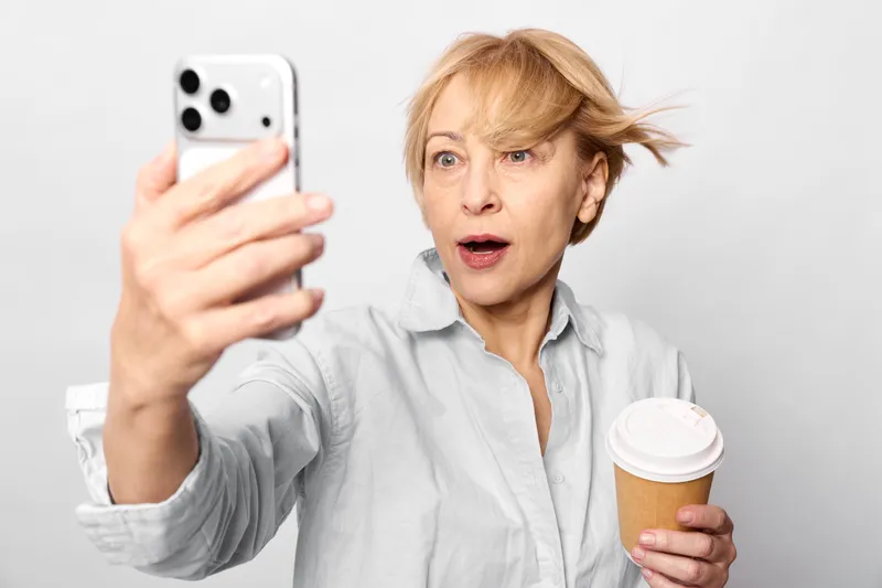 Woman smartphone selfie, surprised senior blonde indoor scene, holding coffee mug and cup, taking a snapshot with one hand, white background, relaxed posture, soft light, today