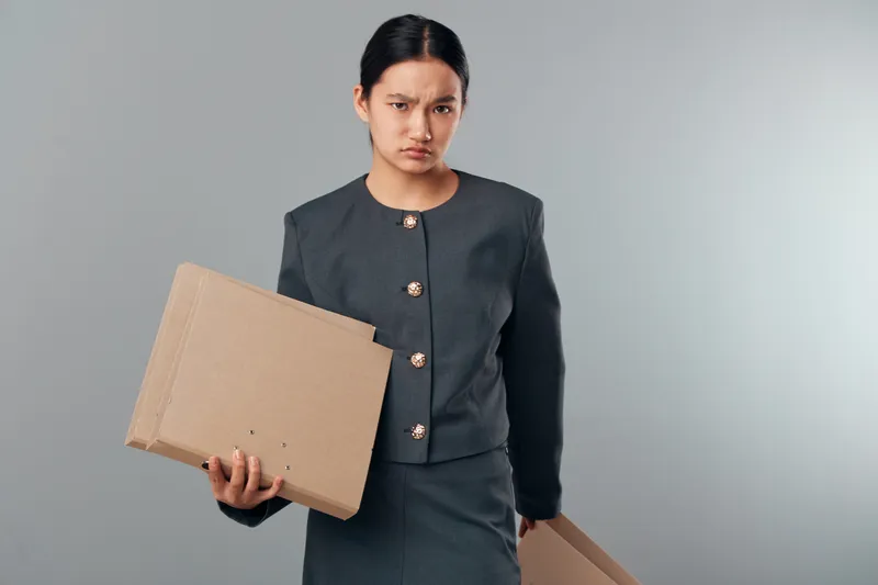Young woman in dark business suit holding cardboard boxes looking serious in studio, isolated on gray background for delivery, logistics, or packaging concept.
