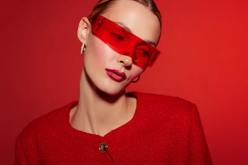 Stylish woman in red sweater and red translucent sunglasses poses against red background. Fashion portrait with glossy makeup and modern accessories. Concept of bold style and confidence.