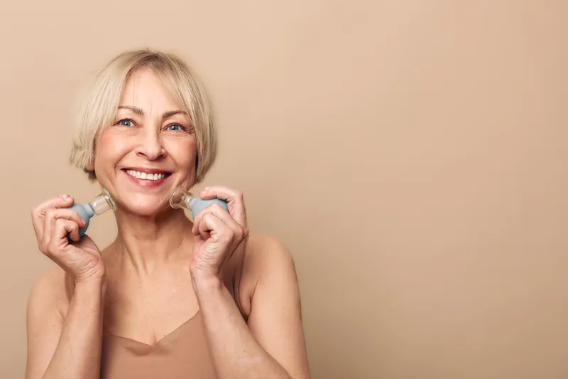 Smiling mature woman with short blonde hair uses face rollers for massage and skincare routine on beige background. Concept for beauty, anti aging, self care, and wellness at home.