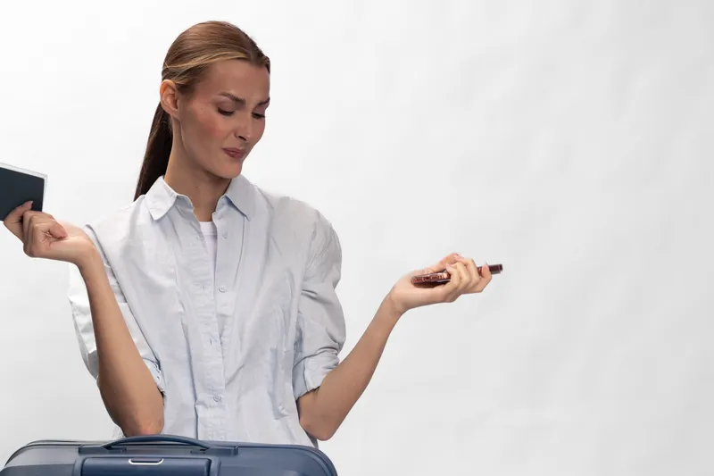Young woman in white shirt holding passport and credit card stands near suitcase, preparing for travel. Concept of tourism, vacation planning, and journey with luggage on white background.