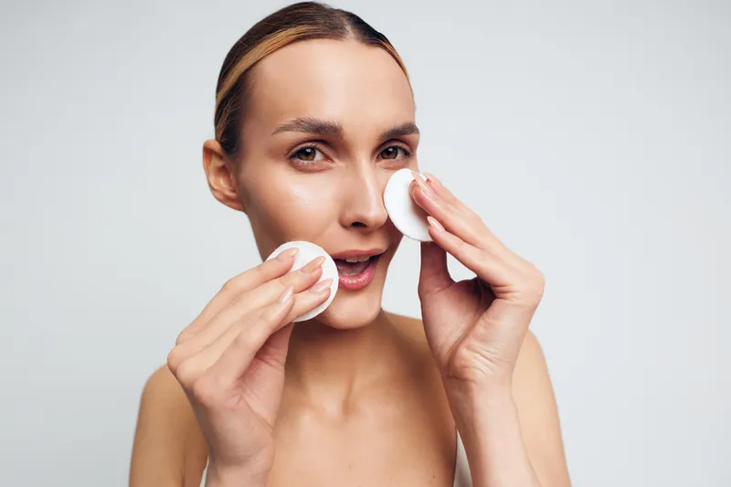 Young woman with blonde hair gently removes makeup using cotton pads on her face against a plain light background in a skincare routine.